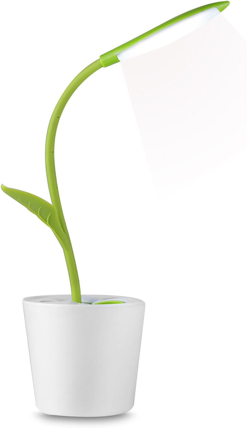 Desk Lamp, PEMOTech LED Rechargeable Eye-Protective Table Light [Touch Sensitive Switch, Sapling Light & Pen Holder] 3 Levels Dimmable Brightness Tree Leaf Book Light, 360 Degree Adjustable
