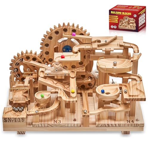 Losbenco Wooden Marble Run Electric Motorized, Electric Marble Run Brain Teaser Wooden Puzzles Building Toy with 46 Blocks and 23 Marbles, 3D Wooden Puzzles Kit for Adults and Kids to Build