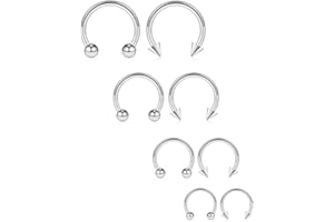 Ruifan 8PCS 16G Surgical Steel Nose Septum Horseshoe Hoop Earring Eyebrow Tragus Lip Piercing Ring Balls & Spikes 6-12mm