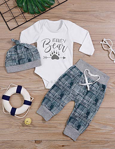 Newborn Baby Boy Clothes New to The Crew Letter Print Romper Long Pants Hat 3PCS Outfits Set Breathable and Soft (I-White, 0-3 Months)