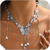 Douxsu Charm Layered Butterfly Choker Necklaces for Women, Vintage Purple Butterflies Beaded Flower Pendant Tassel Chain Necklace Y2K Jewelry Fairy Aesthetic Gift