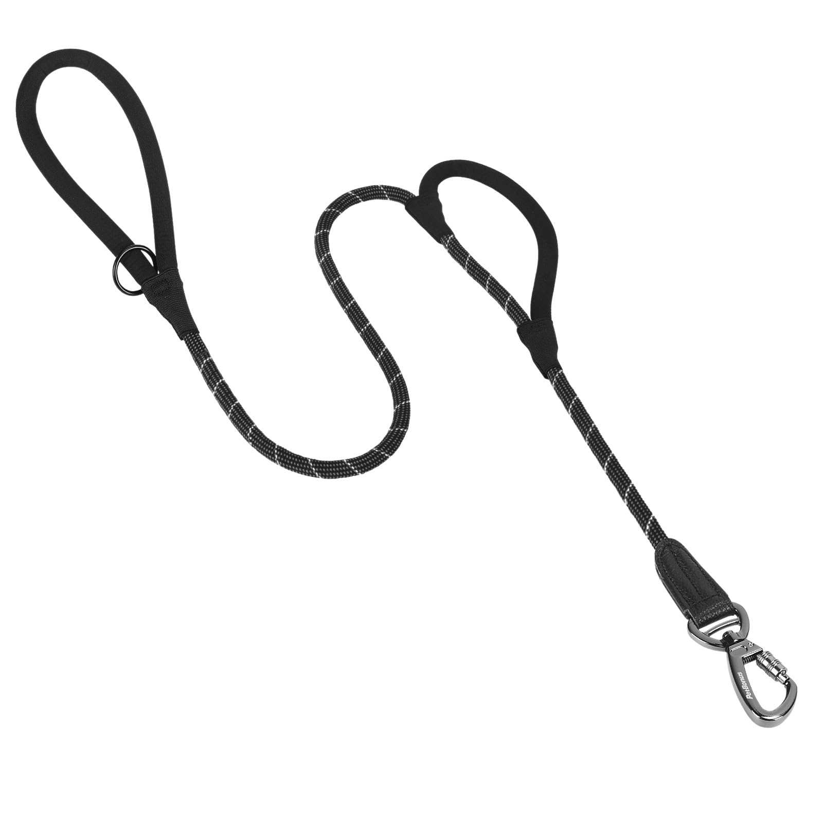 PetBonus Reflective Rope Dog Lead, 1.5 m Heavy Duty Pet Training Lead with Lockable Hook and 2 Comfortable Padded Handles, Walking Nylon Leashes for Large Medium Dogs (25-90 kg, Black Grey)