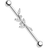 TRBR 14G Silver Leaf Industrial Piercing Jewelry Surgical Steel, Branch Industrial Bar Piercing, Industrial Jewelry for Women, 14 Gauge