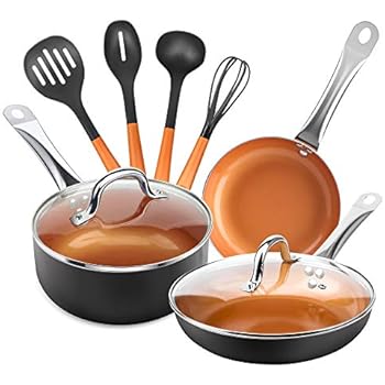 SHINEURI 9 Pieces Copper Cookware Pans and Pots Set - 8 inch Omelet Pan, 9.5 inch Frying Pan and 2.5 qt Sauce Pan with Lid & 4 set Cooking Utensils - Suitable for Induction, Gas, Electric & Stovetops