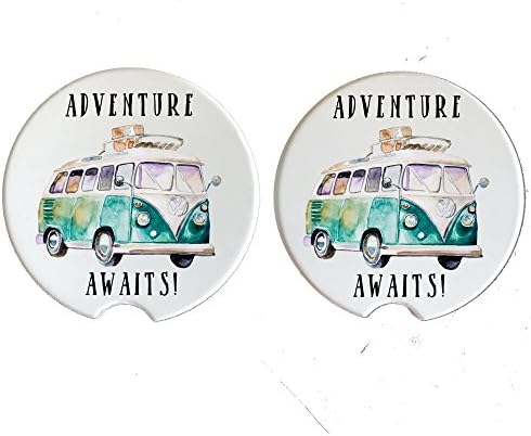 Adventure Awaits - Car Coasters - Natural Absorbent Sandstone (Set of 2) Volkswagon Bus