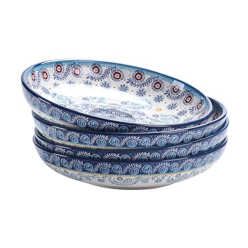 Bico Blue Talavera Ceramic 1035ml Dinner Bowls, Set of 4, for Pasta, Salad, Cereal, Soup & Microwave & Dishwasher Safe