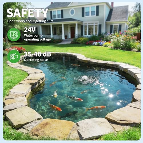 POPOSOAP 6000 L/h DC Pond Pump, Safe Low Voltage Quiet Fountain Pump with AC/DC Converter, 4 Hose Adapters for Garden Ponds, Aquariums, Fountains, Water Features