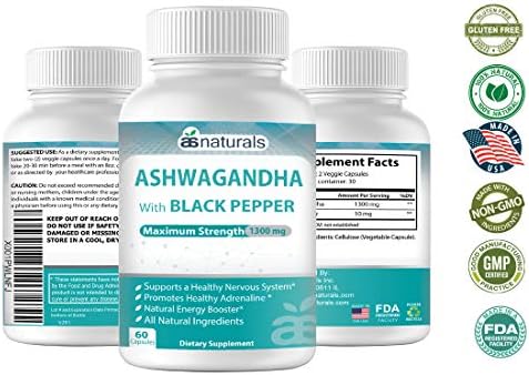 Ashwagandha 1300mg with Black Pepper Extract to Increased Absorption - Organic Ashwagandha Capsules Root Powder Supplement for Stress & Anxiety Relief, Insomnia, Thyroid & Mood, Vitality & Strength