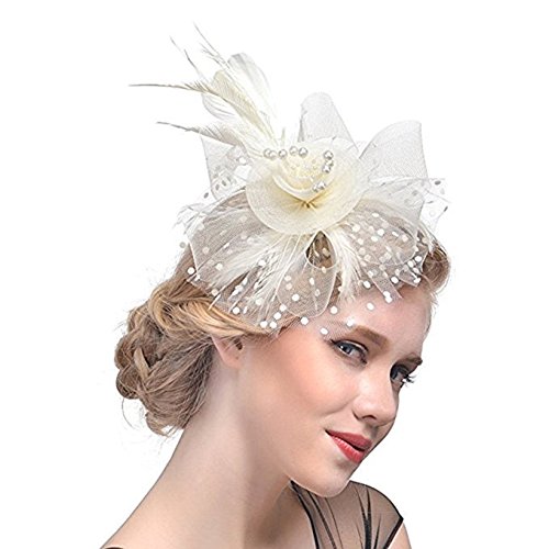 Wcysin Flower Cocktail Tea Party Headwear Feather Fascinators Top Hat for Girls and Women (Beige)