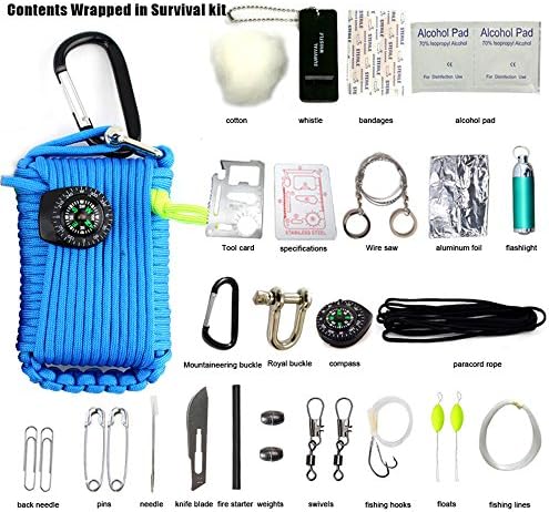 TOPAIS Paracord Grenade Emergency Survival Kit &amp; 30 in 1 Multifunction Survival Tools Set Fishing Skill &amp; Mini First Aid Kit &amp; Whistle Fire Starter set Survival Knife Baits Compass &amp; more (Blue)
