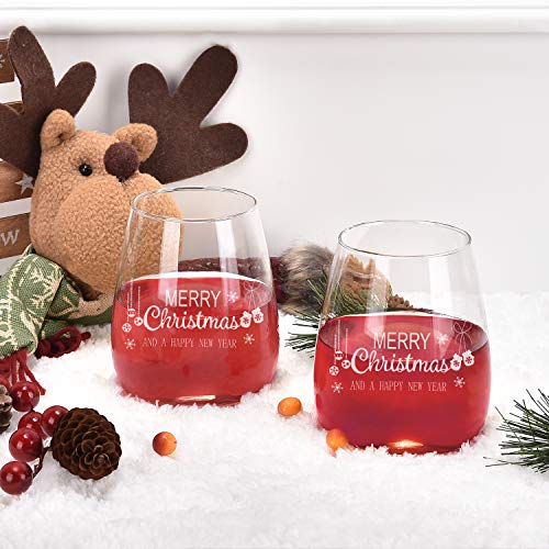 Merry Christmas and Happy New Year Stemless Wine Glass Set, 15 Oz Funny Stemless Wine Glasses for Women Friends Men, Gift Idea for Christmas Wedding Party, Set of 2