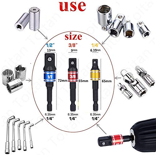 105 Degree Right Angle Screwdriver set Drill Hex Bit Socket Adapter,3Pcs 1/4 3/8 1/2" Universal Socket Adapter Set,Right Angle Drill+Impact Grade Driver Sockets Adapter Extension Set Drill Bit - Thumbnail 5