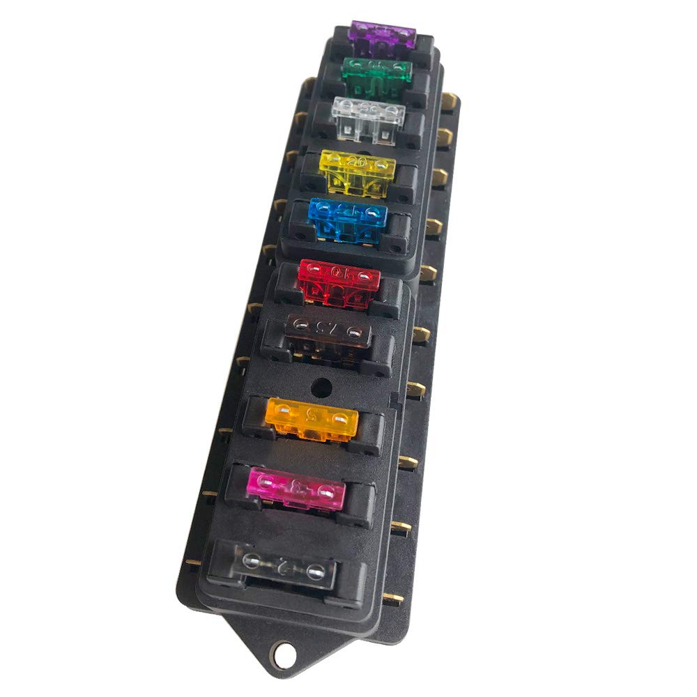 QitinDasen Premium 10 Way Car Blade Fuse Block Box, Universal Standard Blade Fuse Holder with Damp-Proof Cover and 10Pcs Free Standard Blade Fuse, for Car Boat Marine Trike (12V / 24V)