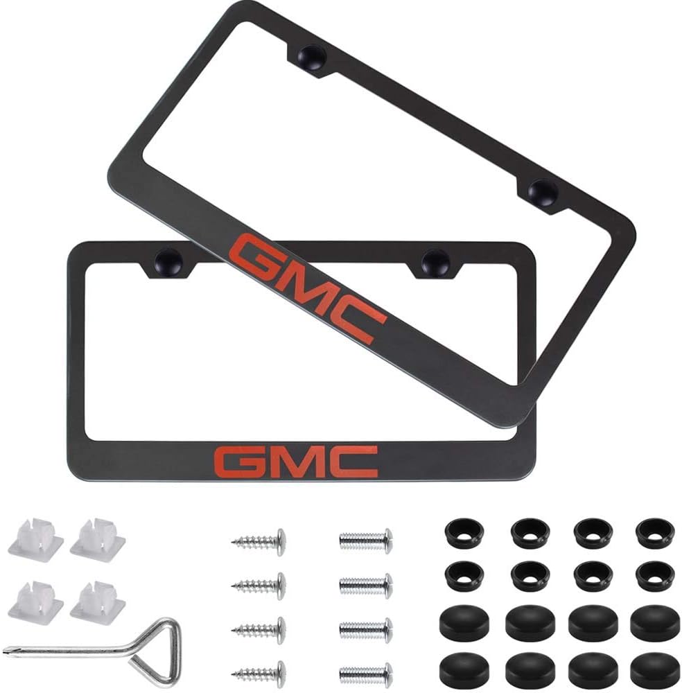 Fubai Auto Parts 2pcs Stainless Steel License for GMC, Plate Frame with Screw Caps Cover Set, Matte Black