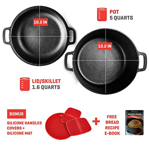 Uno Casa Cast Iron Dutch Oven with Lid - Pre-Seasoned 2in1 5Q Pot and 1.6Q Pan Cookware Set