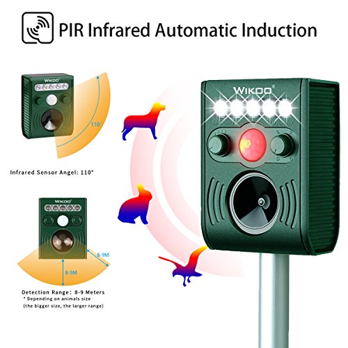 Wikoo Ultrasonic Solar Animal & Pest Repeller, Waterproof Repellent, Pest Control for Dogs, Foxes, Birds, Skunks, Rodents etc, Motion Activated, Includes USB Cable