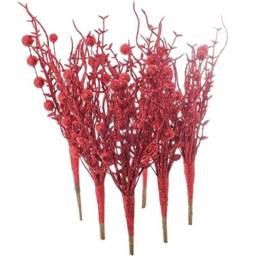 Factory Direct Craft Pack of 6 Red Glitter Twig and Berry Sprays Sparkling Branches for Christmas Tree Decoration Holiday Decorating Flower Arrangements and DIY Crafts