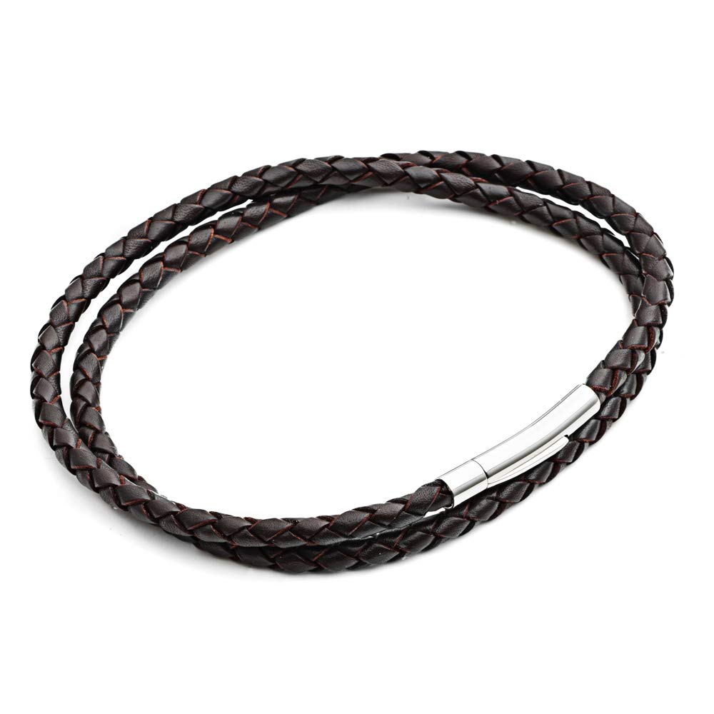 Tribal Steel Unisex Brown Slimline Double Wrap Bracelet - Unisex 19.5cm Plaited Leather Bracelet with Riveted Stainless Steel Rocker Clasp