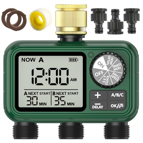 Water Timer 3 Outlets with Brass Inlet, Programmable Sprinkler Hose Waterproof Timer, Automatic prinkler Timers with Rain Delay/Manual Watering/large LCD display for Irrigation Lawn Yard