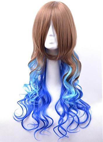 Orino Beauty™ High Quality New Fashion Lolita Fluffy Fancy Brown&Blue Long Full Wig, Curl Wigs with Oblique bangs(OBW-#092)