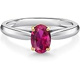 Gem Stone King 10K White and Yellow Gold Red Created Ruby Solitaire Engagement Ring For Women (0.85 Cttw, Oval 7X5MM, Gemstone July Birthstone)