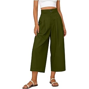 Cotton Linen Ankle Pants for Women Solid Button Zipper Elastic Waist Wide Leg Pants Dressy Business Casual Outfits