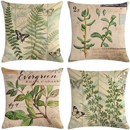 KACOPOL Vintage Country Style Green Plant with Butterfly Pillow Covers Cotton Linen Burlap Spring Home Decorative Throw Pillow Case Cushion Cover 18" x 18" Set of 4 (Green Plants)