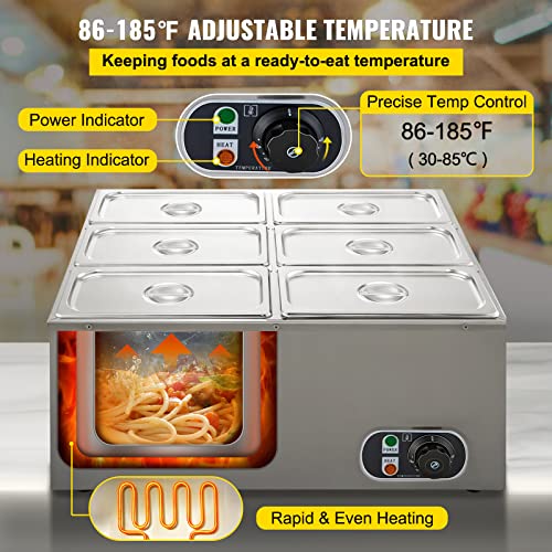 VEVOR 110V 6Pan Commercial Food Warmer 850W Electric Countertop Steam