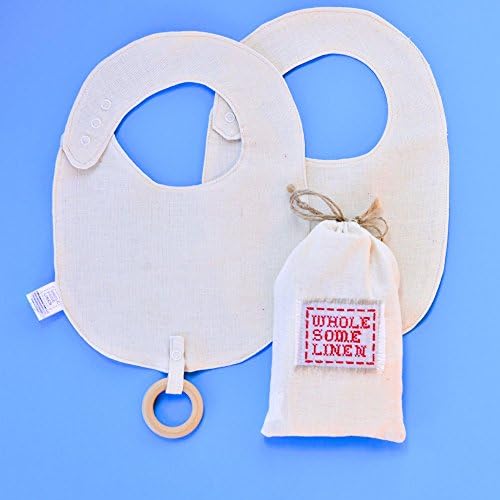 Wholesome Linen Organic Baby Bibs & Teething Necklace Crossstitch Gift Set: 2 Bibs & 1 Detachable Wooden Ring Teether | Unisex, Ivory