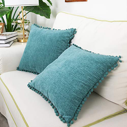 CaliTime Throw Pillow Cases Pack of 2 Cozy Solid Dyed Soft Chenille Cushion Covers with Pom Poms for Couch Sofa Home…