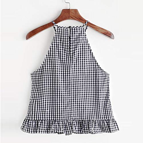 Blouses for Women Fashion 2019, Women Fashion Sleeveless Gingham Buttoned Keyhole Back Frill Halter Tank Tops Black