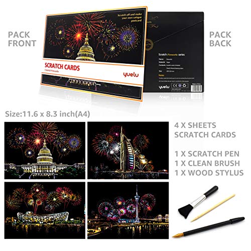 Scratch & Sketch Art Paper(A4) for Kids & Adults, Rainbow Painting Night View Scratchboard, Art&Craft, Engraving Art Set: 4 Sheets Scratch Cards & Scratch Drawing Pen, Clean Brush (Colorful Fireworks)