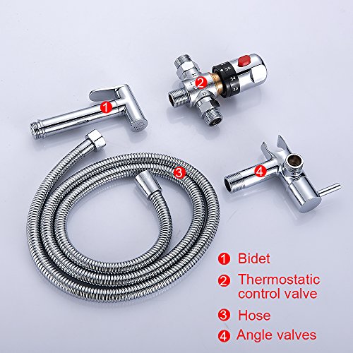 Fannybuy Thermostatic Cloth Diaper Kit Toilet Handheld Bidet Sprayer Set With Hot and Cold Mixing Valve Shattaf Chrome Scald Prevention(Thermostatic)
