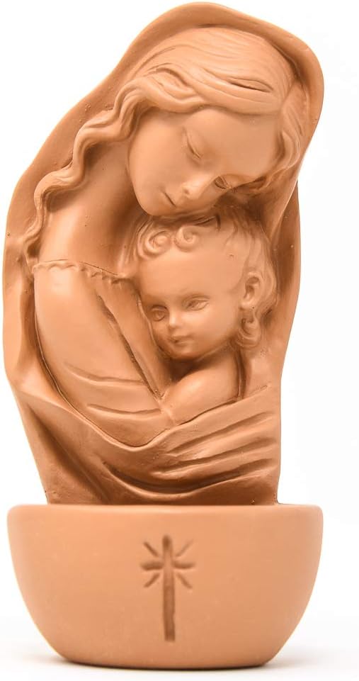 Holy Water Font - Blessed Virgin Mary & Baby Jesus Terracotta Font & Lourdes Prayer Card Catholic Gifts