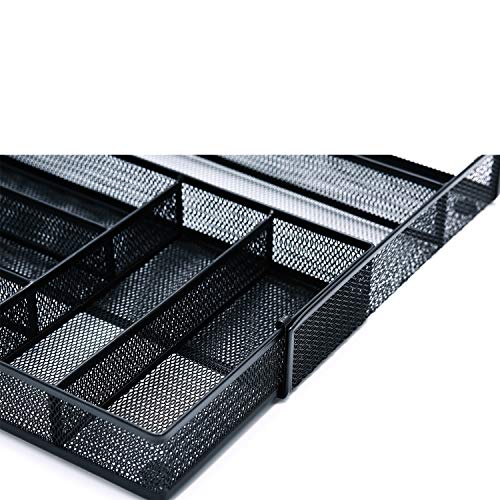 Iris'Home Expandable Silverware Organizer Mesh Cutlery Tray 7 Compartments. Kitchen Drawer Utensil Organizer Flatware Storage with Non-slip Foam Feet - Black