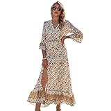 Women's Floral Print Dress V Neck Wrap Tie Waist Elastic Boho Long Sleeve  Vintage Split Fall Belted Flowy Midi Long Dress Mesh Round Neck Tunic Party Dress  Waist Hemline Maxi Casual Dresse