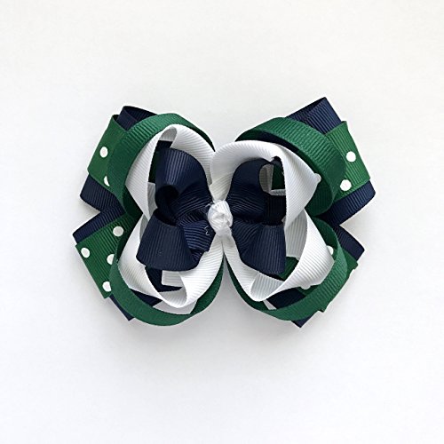 School Uniform Hunter Green Navy White Hair Bow, Handmade Private School Navy Hunter Green White Hair Clip - Thumbnail 4