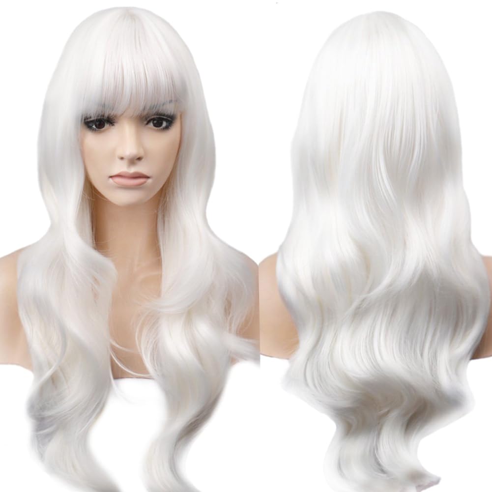 YEESHEDO 28" 70 cm Long Wavy Curly Hair Cosplay White Wigs with Fringe for Women Heat Resistant Synthetic Wig for Halloween Party Costume Anime,Snow White — image 1