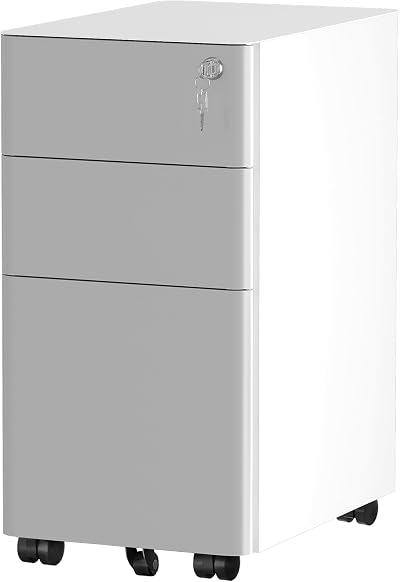YITAHOME 3-Drawer Lockable Mobile Filing Cabinet White Grey 30x45x61cm