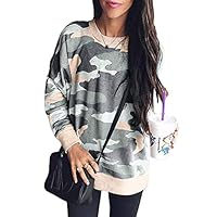 Sidefeel Women Long Sleeve Crewneck Pullover Camo Print Sweatshirt Jumper Top Medium Khaki