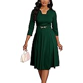 Elainone Womens 3/4 Sleeves Casual A Line Dress with Belt Church Work Wedding Guest Semi Formal Dresses
