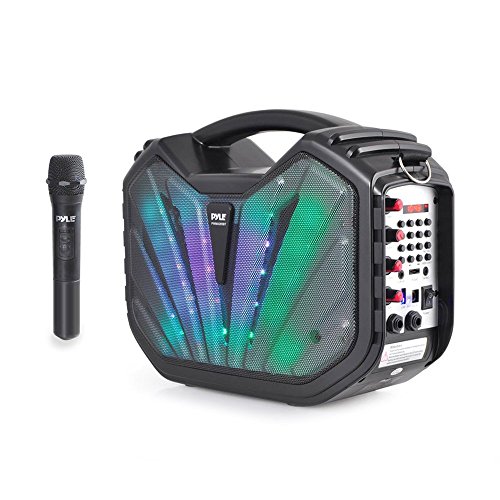 Pyle-Portable-Speaker-karaoke-PA-System-Bluetooth-Flashing-DJ-Lights-Built-in-Rechargeable-Battery-Wireless-Microphone-Recording-Ability-MP3USBSDFM-Radio-PWMA285BT