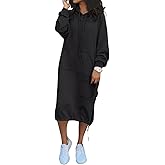 ebossy Women's Casual Loose Solid Color Drawstring Hoodie Fall Warm Cotton Sweatshirt Maxi Dress with Pocket