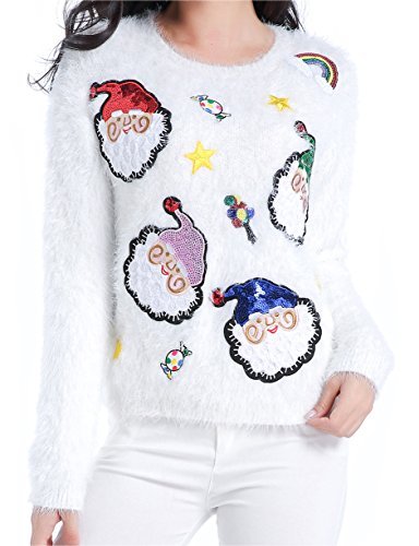 v28 Ugly Christmas Sweater, Women Ladies Girl Xmas Shining Santa Penguin Jumper (Medium, ShiningSanta White)