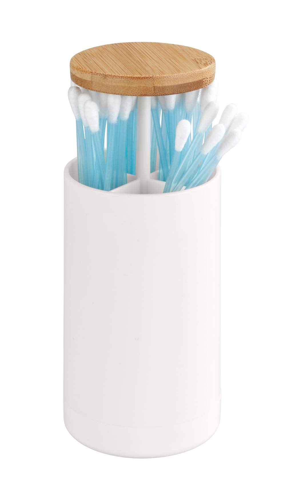 WENKO Laresa Cotton Bud Holder Storage for Cotton Buds up to 7.8 cm Long with Sustainable Bamboo Lid Cosmetic Pad Dispenser Made of Plastic