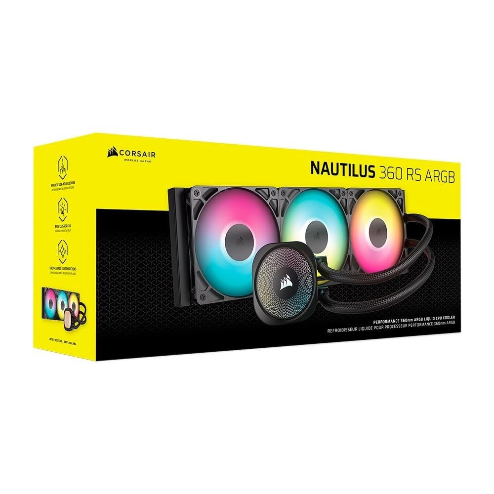 CORSAIR Nautilus 360 RS ARGB Liquid CPU Cooler – 360mm AIO – Low-Noise – Direct Motherboard Connection – Daisy-Chain – Intel LGA 1851/1700, AMD AM5/AM4 – 3X RS120 ARGB Fans Included – Black