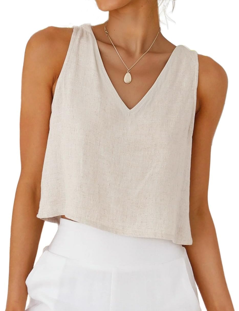 Photo 1 of IDEALSANXUN Linen Shirts for Women 2025 Spring Summer V Neck Cute Cropped Blouses Tank Tops, Beige, L