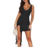 Pungdra Womens Sexy Deep V Neck Mini Dress for Women Y2K Side Slit Going Out Cocktail Wedding Party Ruffle Short Dresses