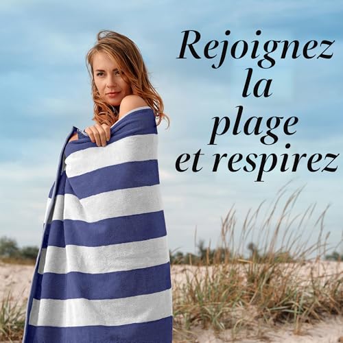 Sweet Needle Beach Towels for Adults Set of 2 – Royal Blue White Cabana Striped Classic – 100% Cotton Terry Ringspun Pool Towel, Quick Dry, Super Absorbent, 450 GSM, 100 x 150 cm