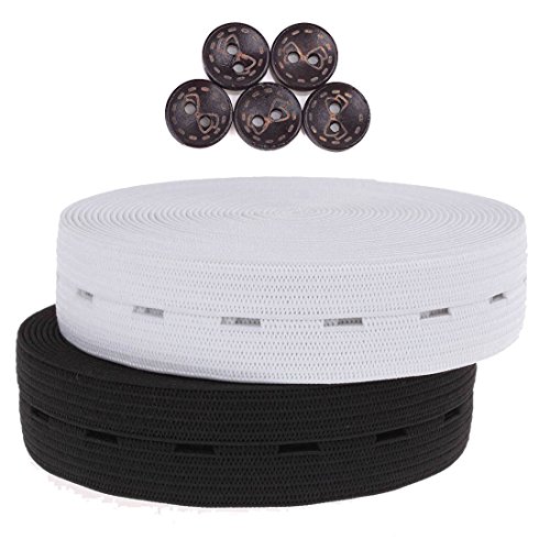 COTOWIN 3/4 Inch Buttonhole Elastic Buttonhole Belt 10 Yards (5 Yards Black,5 Yards White)